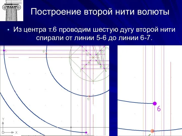 Построение второй нити волюты Из центра т.6 проводим шестую дугу второй