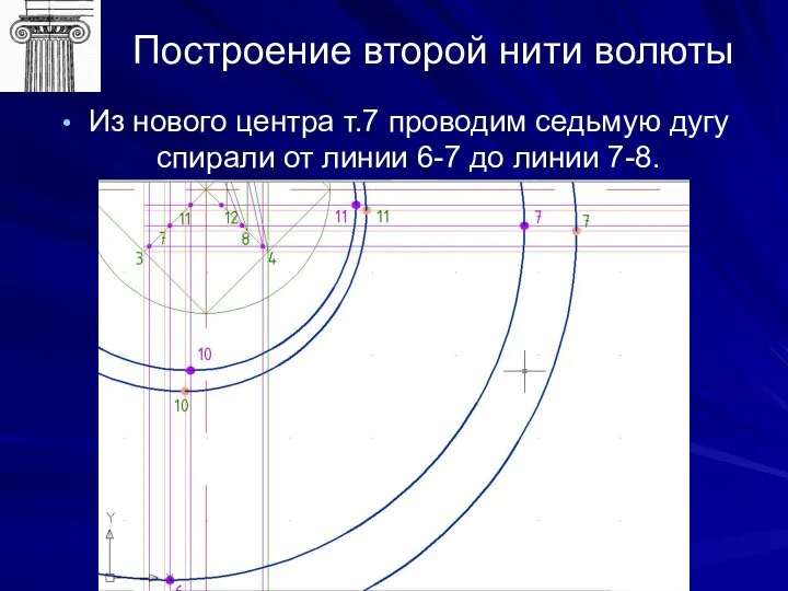 Построение второй нити волюты Из нового центра т.7 проводим седьмую дугу