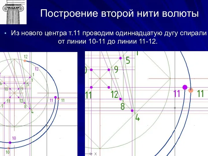 Построение второй нити волюты Из нового центра т.11 проводим одиннадцатую дугу