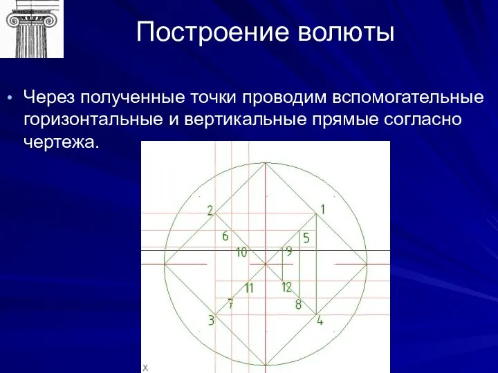 Построение волюты Через полученные точки проводим вспомогательные горизонтальные и вертикальные прямые согласно чертежа.