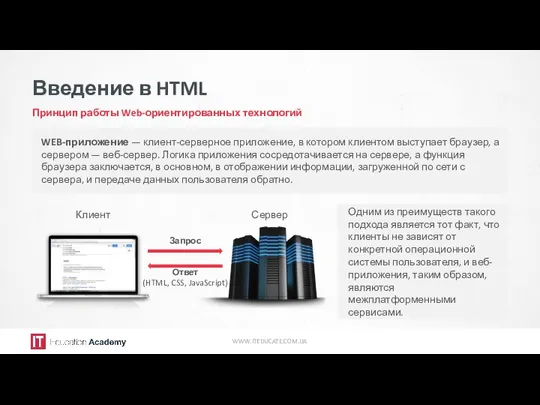 Введение в HTML Принцип работы Web-ориентированных технологий WWW.ITEDUCATE.COM.UA Клиент Сервер Запрос