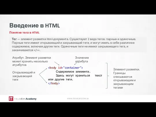 Введение в HTML Понятие тега в HTML WWW.ITEDUCATE.COM.UA Тег — элемент