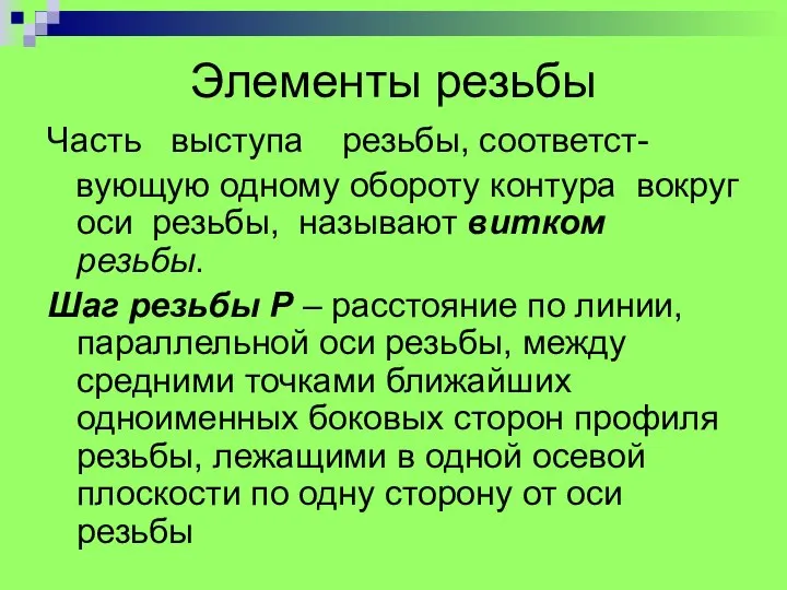 Элементы резьбы Часть выступа резьбы, соответст- вующую одному обороту контура вокруг