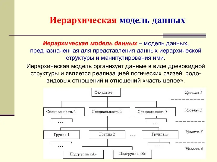 Иерархическая модель данных Иерархическая модель данных – модель данных, предназначенная для