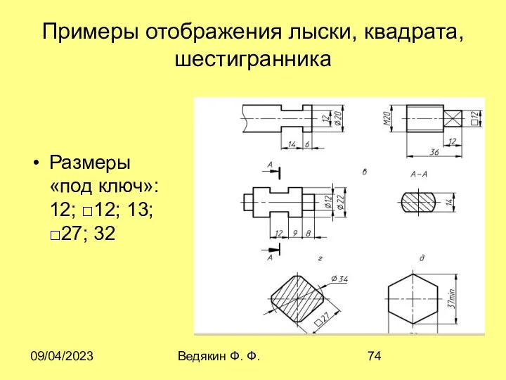09/04/2023 Ведякин Ф. Ф. Примеры отображения лыски, квадрата, шестигранника Размеры «под