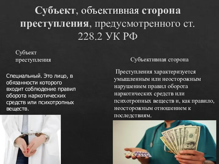 Субъект, объективная сторона преступления, предусмотренного ст. 228.2 УК РФ Субъект преступления