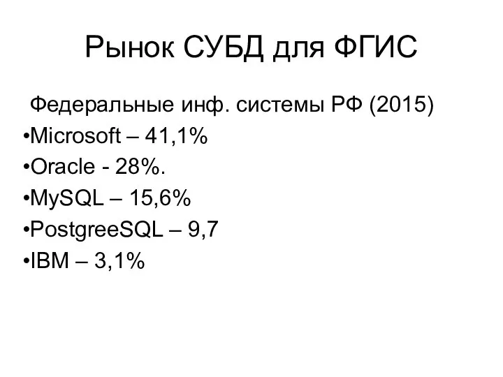 Рынок СУБД для ФГИС Федеральные инф. системы РФ (2015) Microsoft –