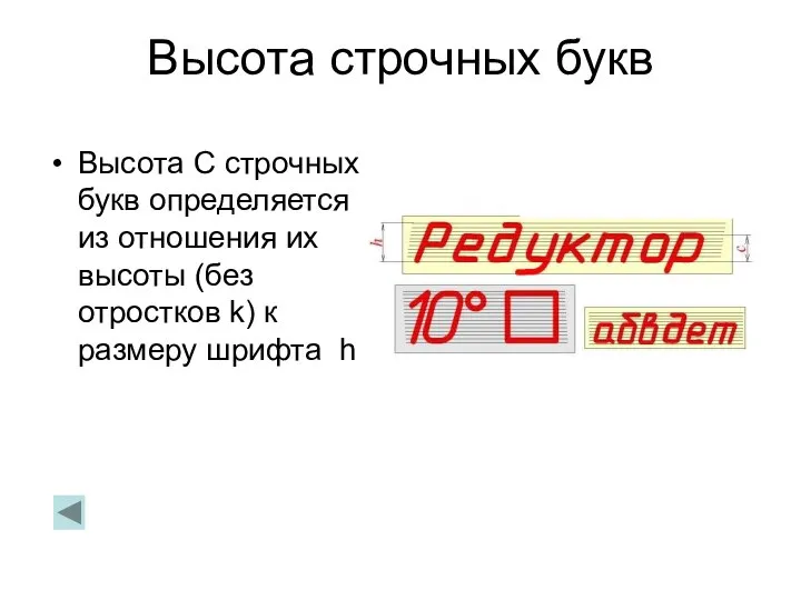 Высота строчных букв Высота С строчных букв определяется из отношения их