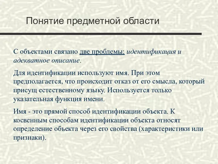 Понятие предметной области С объектами связано две проблемы: идентификация и адекватное