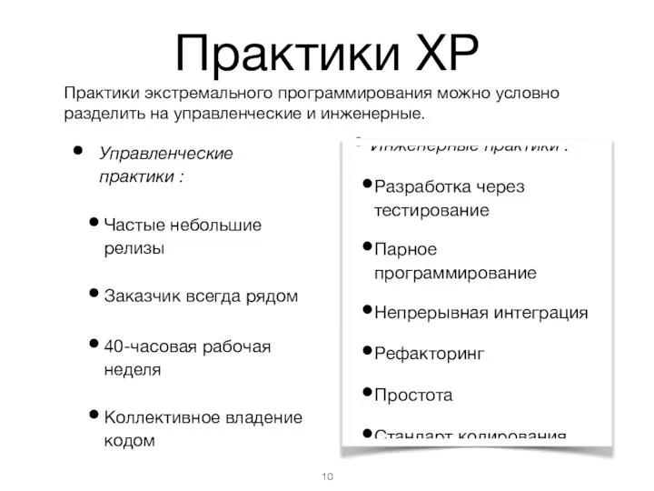 Практики XP Управленческие практики : Частые небольшие релизы Заказчик всегда рядом