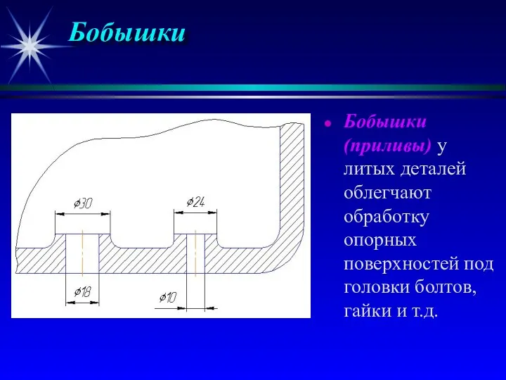 Бобышки Бобышки (приливы) у литых деталей облегчают обработку опорных поверхностей под головки болтов, гайки и т.д.