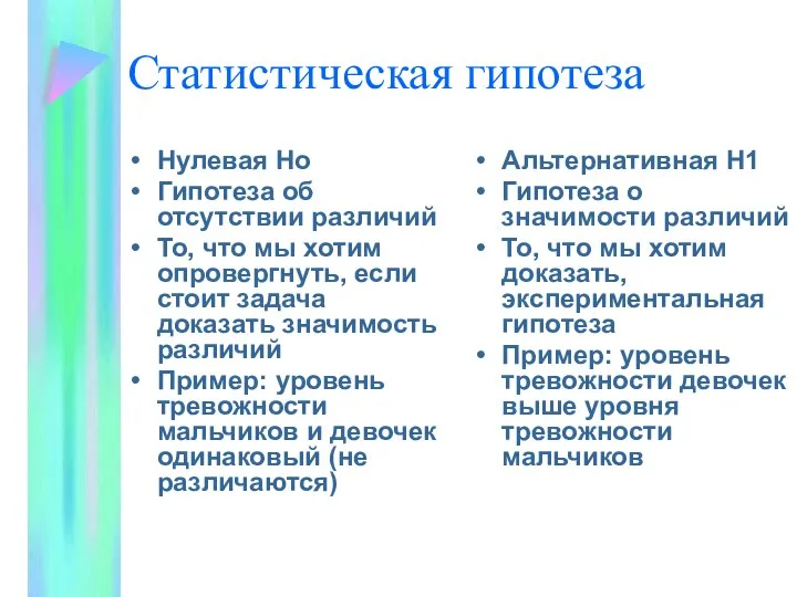 Статистическая гипотеза Нулевая Но Гипотеза об отсутствии различий То, что мы