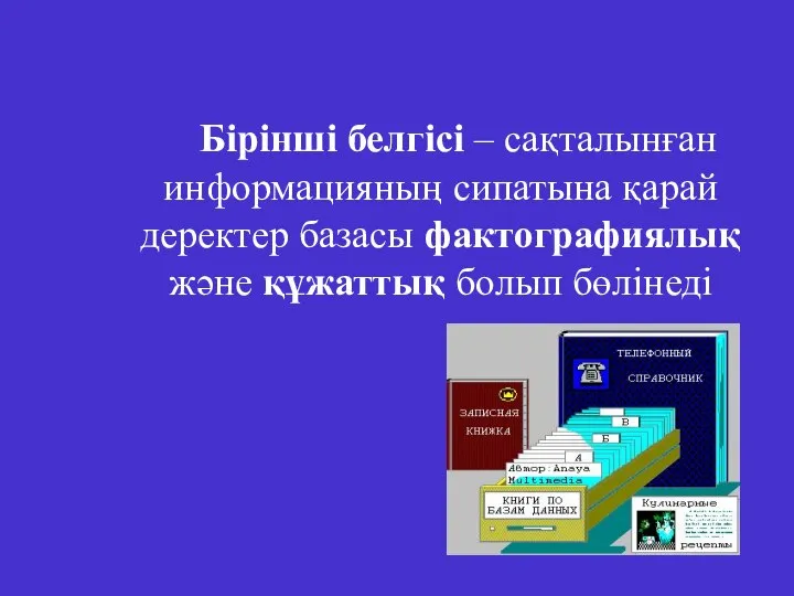 Бірінші белгісі – сақталынған информацияның сипатына қарай деректер базасы фактографиялық және құжаттық болып бөлінеді