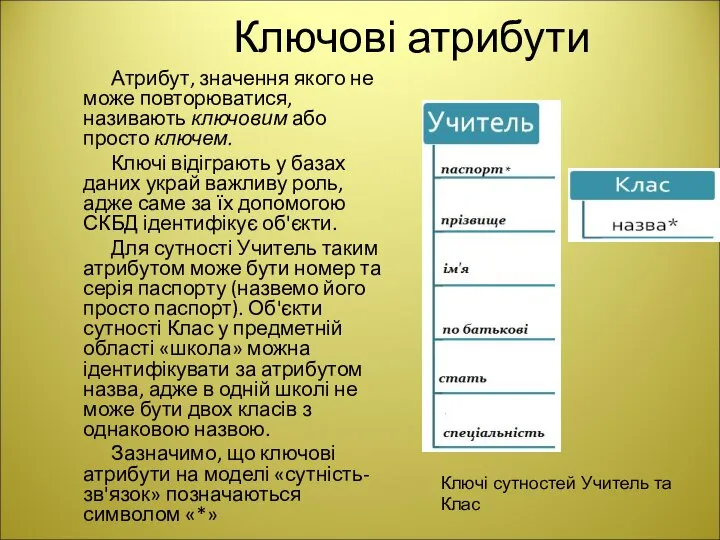 Ключові атрибути Атрибут, значення якого не може повторюватися, називають ключовим або