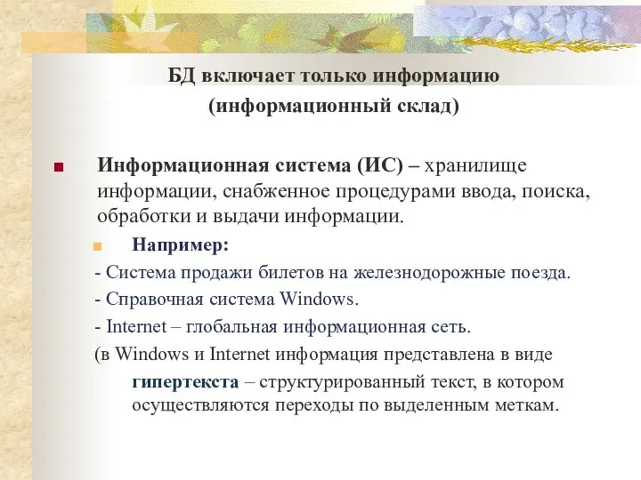 БД включает только информацию (информационный склад) Информационная система (ИС) – хранилище