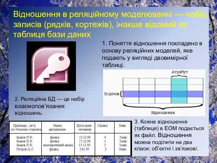 Відношення в реляційному моделюванні — набір записів (рядків, кортежів), інакше відомий