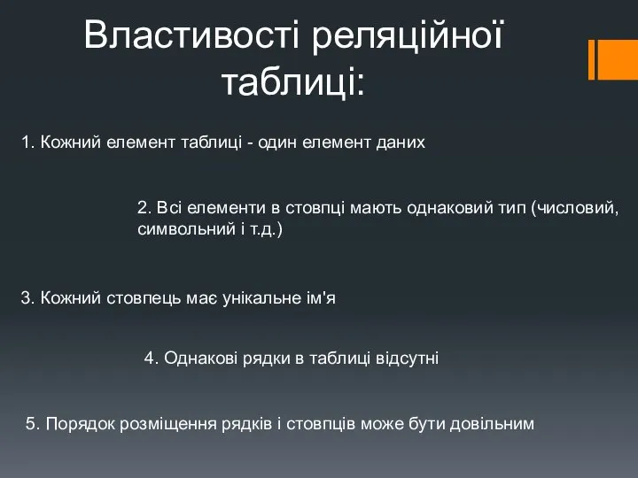 Властивості реляційної таблиці: 1. Кожний елемент таблиці - один елемент даних