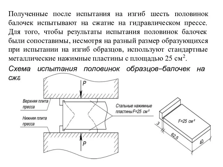 Полученные после испытания на изгиб шесть половинок балочек испытывают на сжатие