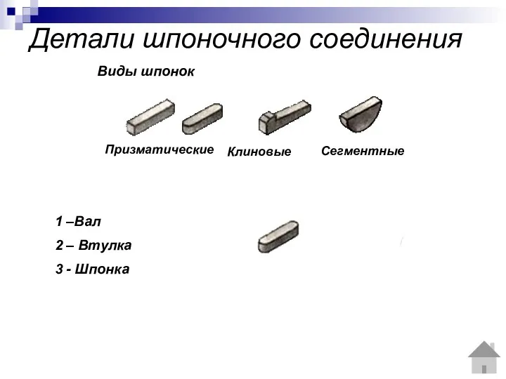 Детали шпоночного соединения Виды шпонок Призматические Клиновые Сегментные 1 –Вал 2 – Втулка 3 - Шпонка