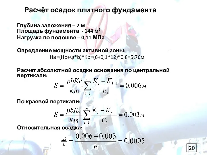 Расчёт осадок плитного фундамента Глубина заложения – 2 м Площадь фундамента