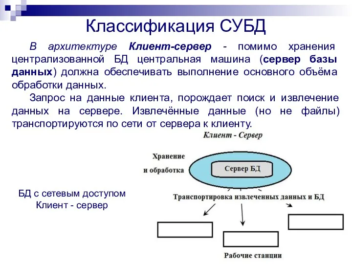 В архитектуре Клиент-сервер - помимо хранения централизованной БД центральная машина (сервер