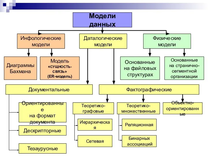 Модели данных Инфологические модели Даталогические модели Физические модели Диаграммы Бахмана Модель