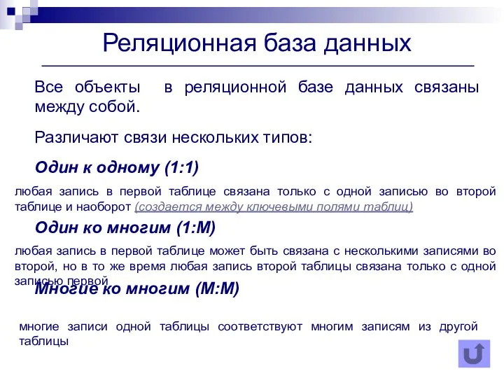 Все объекты в реляционной базе данных связаны между собой. Различают связи