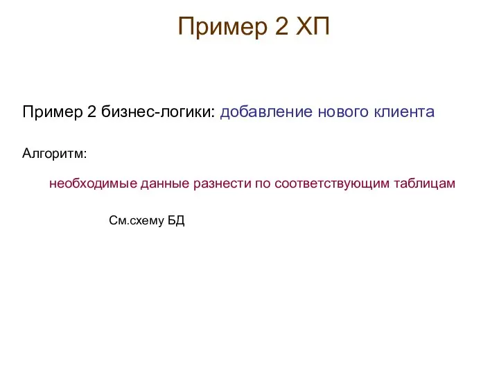 Пример 2 ХП Пример 2 бизнес-логики: добавление нового клиента См.схему БД