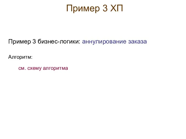 Пример 3 ХП Пример 3 бизнес-логики: аннулирование заказа Алгоритм: см. схему алгоритма