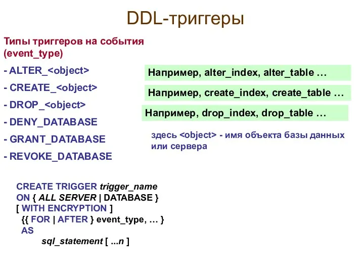 DDL-триггеры Типы триггеров на события (event_type) - ALTER_ - CREATE_ -