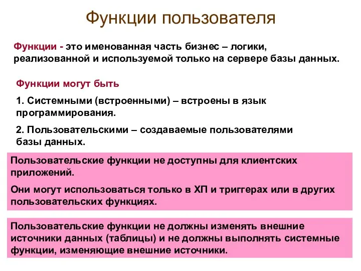 Функции пользователя Функции могут быть 1. Системными (встроенными) – встроены в