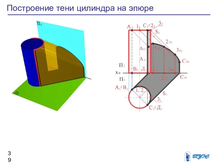 Построение тени цилиндра на эпюре