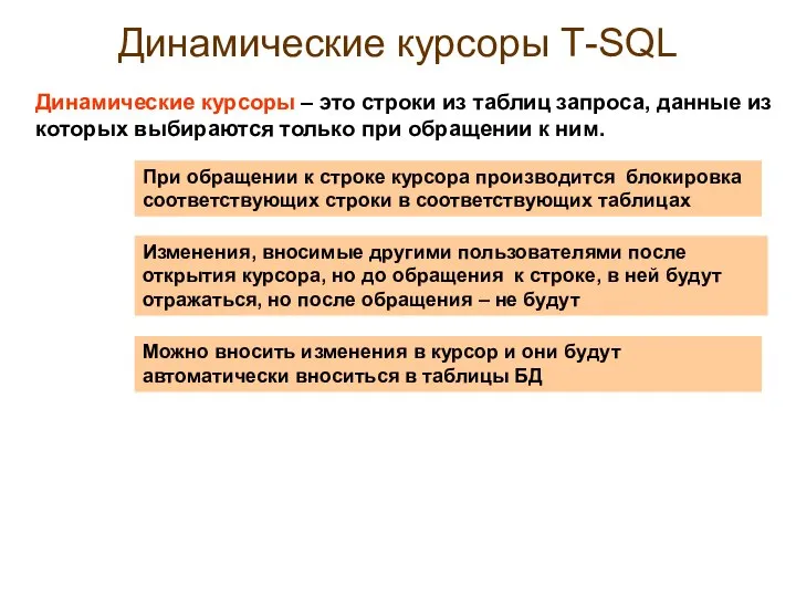 Динамические курсоры Т-SQL При обращении к строке курсора производится блокировка соответствующих