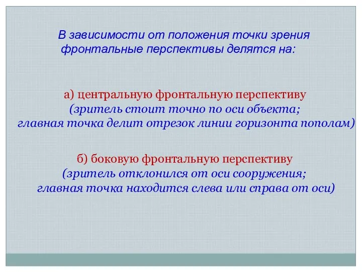 В зависимости от положения точки зрения фронтальные перспективы делятся на: а)