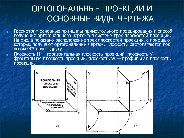 ОРТОГОНАЛЬНЫЕ ПРОЕКЦИИ И ОСНОВНЫЕ ВИДЫ ЧЕРТЕЖА Рассмотрим основные принципы прямоугольного проецирования