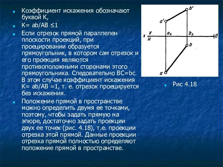 Коэффициент искажения обозначают буквой К, К= аb/AB ≤1 Если отрезок прямой