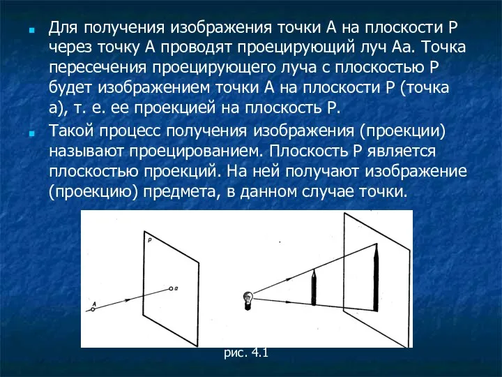 Для получения изображения точки А на плоскости Р через точку А