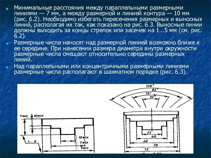 Минимальные расстояния между параллельными размерными линиями — 7 мм, а между