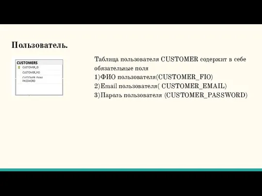 Пользователь. Таблица пользователя CUSTOMER содержит в себе обязательные поля 1)ФИО пользователя(CUSTOMER_FIO)