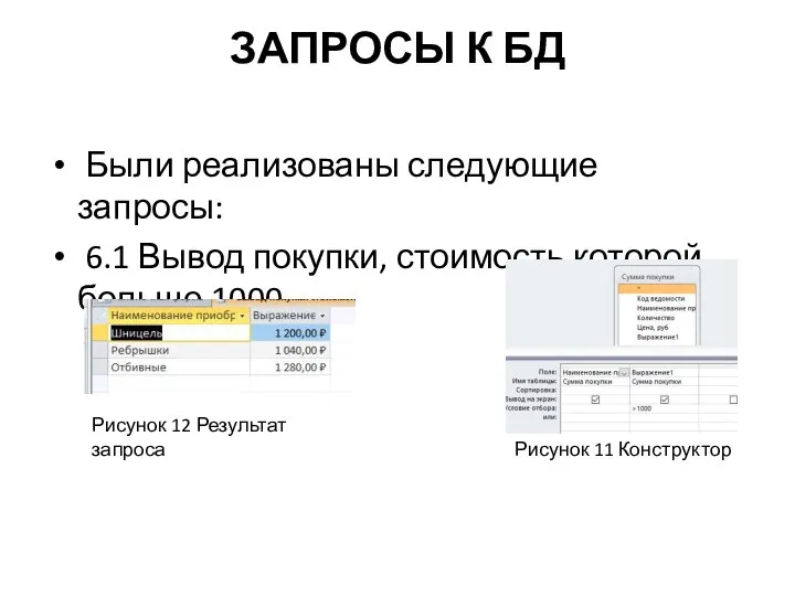 ЗАПРОСЫ К БД Были реализованы следующие запросы: 6.1 Вывод покупки, стоимость