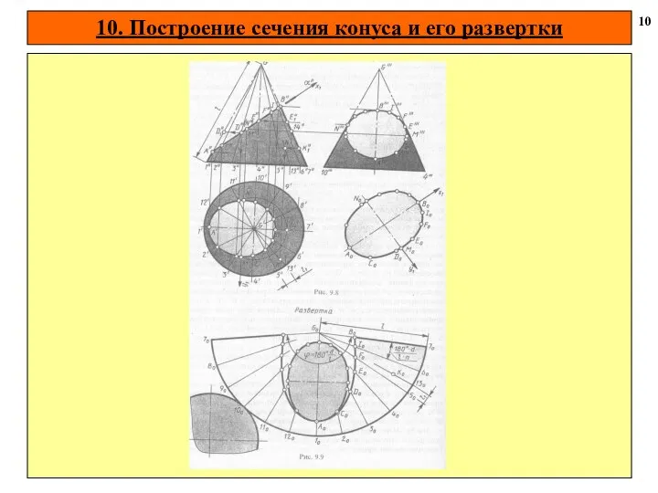 10. Построение сечения конуса и его развертки 10