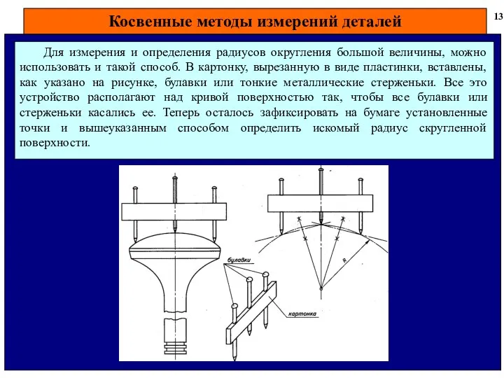 Косвенные методы измерений деталей 13 Для измерения и определения радиусов округления