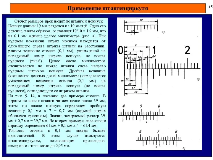 Применение штангенциркуля 15 Отсчет размеров производят по штанге и нониусу. Нониус