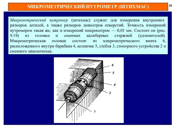 МИКРОМЕТРИЧЕСКИЙ НУТРОМЕТР (ШТИХМАС) 19 Микрометрический нутромер (штихмас) служит для измерения внутренних