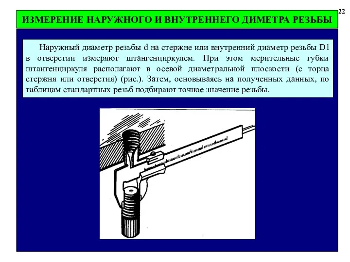 22 Наружный диаметр резьбы d на стержне или внутренний диаметр резьбы