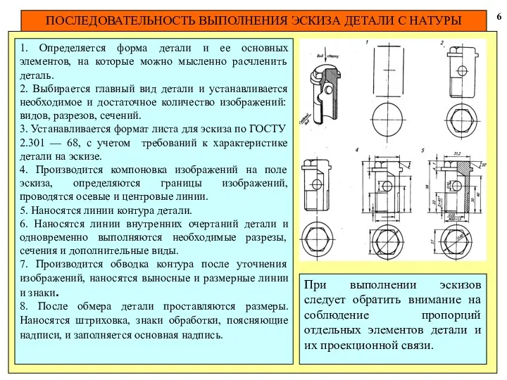 ПОСЛЕДОВАТЕЛЬНОСТЬ ВЫПОЛНЕНИЯ ЭСКИЗА ДЕТАЛИ С НАТУРЫ 6 1. Определяется форма детали