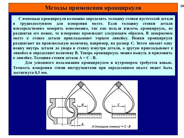 Методы применения кронциркуля 10 С помощью кронциркуля возможно определить толщину стенки