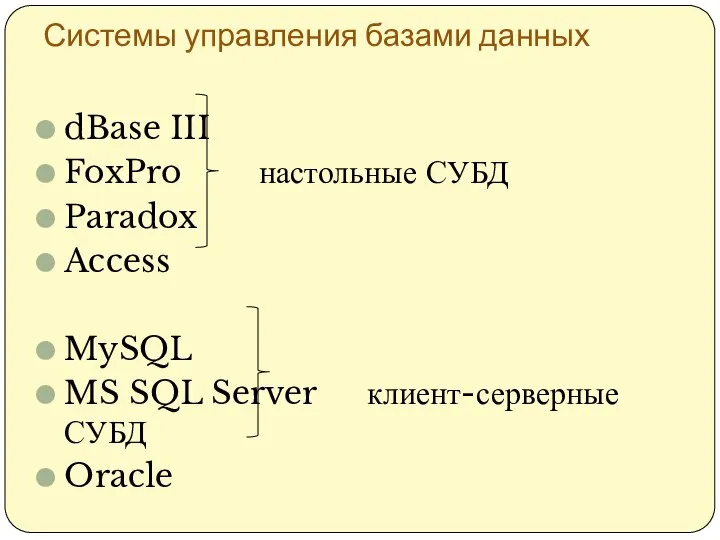 Системы управления базами данных dBase III FoxPro настольные СУБД Paradox Access