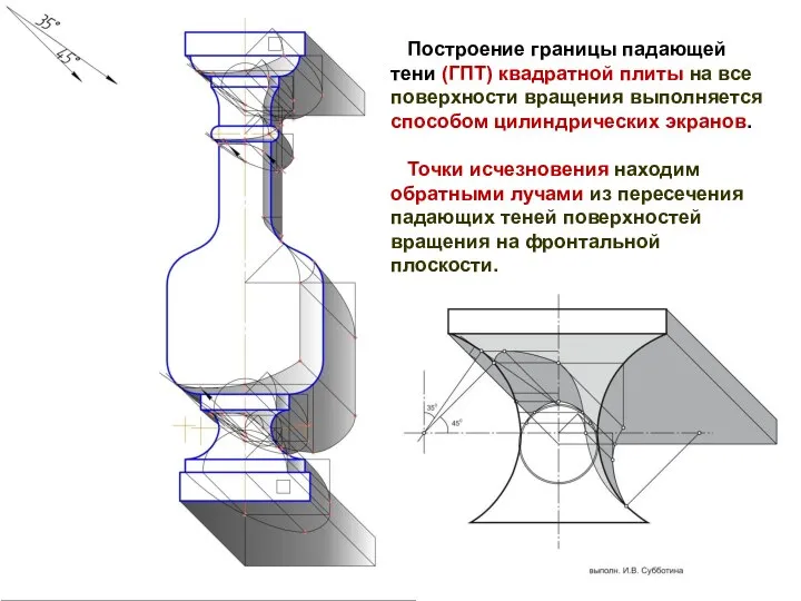 Построение границы падающей тени (ГПТ) квадратной плиты на все поверхности вращения