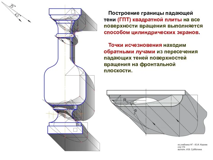 Построение границы падающей тени (ГПТ) квадратной плиты на все поверхности вращения